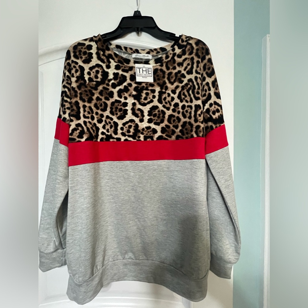 Local Boutique Top, grey and leopard with red strip